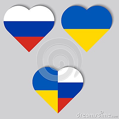 Icons Against the War. Illustration with flags of two countries in the shape of hearts, Russia and Ukraine.Vector Vector Illustration