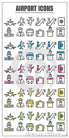 Icons airport color blck blue pink Yellow green vector on white Vector Illustration