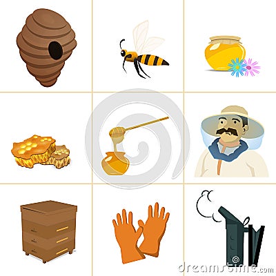 Icons apiaries and bee vector. Apiary set web. Vector Illustration