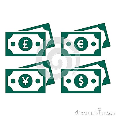 Icons of banknotes with images of currencies of different countries: a banknote with a dollar, euro, pound sterling, japanese yen Vector Illustration