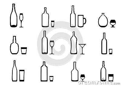 Icons bottles with glasses Vector Illustration