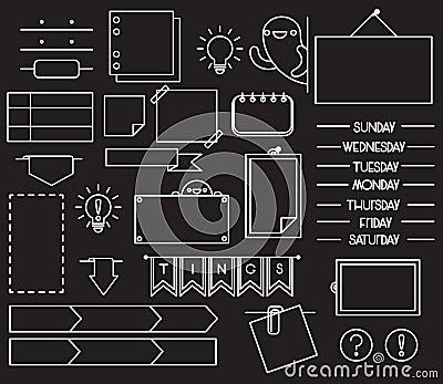 Icons for bullet journal. Days of the week, stickers, reminders. Vector Illustration