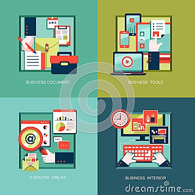 Icons for business tools, documents in flat design Vector Illustration