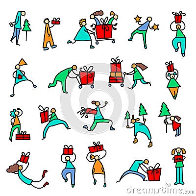 Icons with Christmas people. Thin simple stickers with shopping Vector Illustration