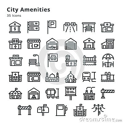 35 icons on city amenities Vector Illustration