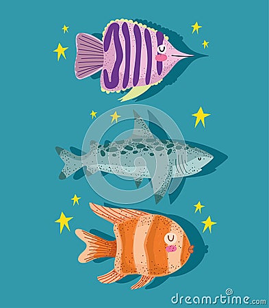 collection fishes annd shark Vector Illustration