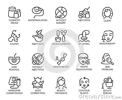 20 icons on cosmetology theme isolated. Beauty therapy, medicine, healthcare, wellness treatment linear symbolsc Vector Illustration