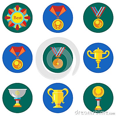 Icons cups, awards, medals in the flat style. Vector image on a round colored background. Element of design, interface Vector Illustration