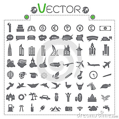 Icons Currency brain bill hand say, building Landmarks plane trees vector Vector Illustration