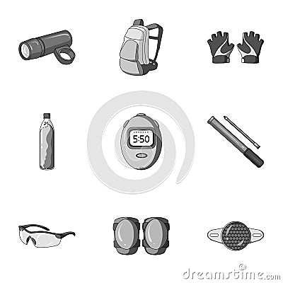 Icons of Cycling, bike. Set for bike, backpack protection, repair, form. Cyclist outfit icon in set collection on Vector Illustration