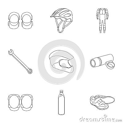 Icons of Cycling, bike. Set for bike, backpack protection, repair, form. Cyclist outfit icon in set collection on Vector Illustration