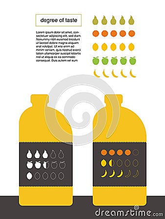 Icons of the degree of taste of different fruits. Bottles with labels showing how much concentrate is contained. The degree to Vector Illustration