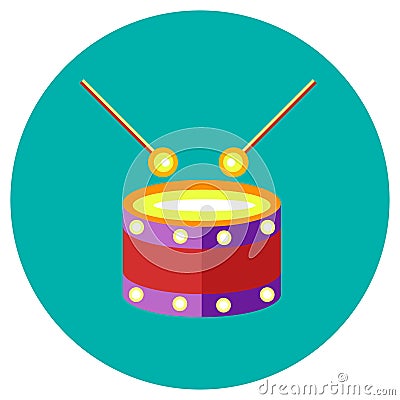 Icons drum of toys in the flat style. Vector image on a round colored background. Element of design, interface. Vector Illustration