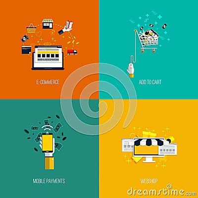 Icons for e-commerce, add to cart, mobile payments and webshop. Vector Illustration