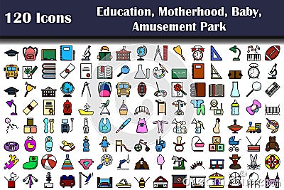 120 Icons Of Education, Motherhood, Baby, Amusement Park Vector Illustration