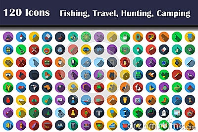 120 Icons Of Fishing, Travel, Hunting, Camping Vector Illustration