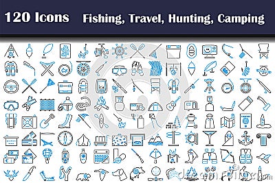 120 Icons Of Fishing, Travel, Hunting, Camping Vector Illustration