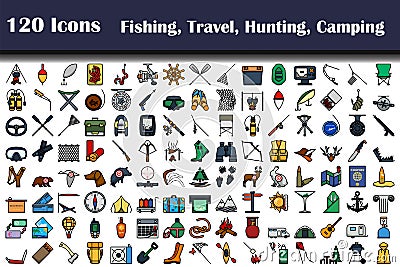 120 Icons Of Fishing, Travel, Hunting, Camping Vector Illustration