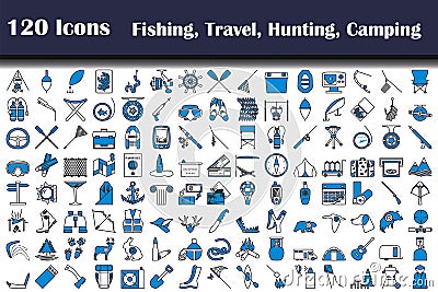 120 Icons Of Fishing, Travel, Hunting, Camping Vector Illustration