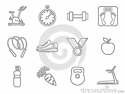 Icons, fitness, sports, gym, healthy eating, contour, line, monochrome. Vector Illustration