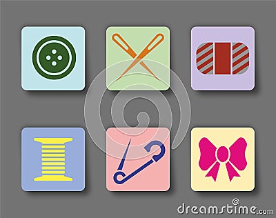 Icons flat sewing tools: button, needle, thread, yarn? Vector Illustration