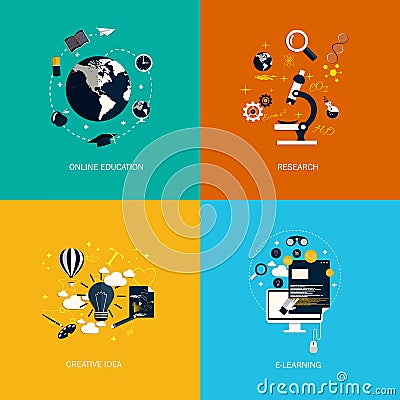 Icons foronline education,research,creative idea and e-learning. Flat style. Vector Vector Illustration