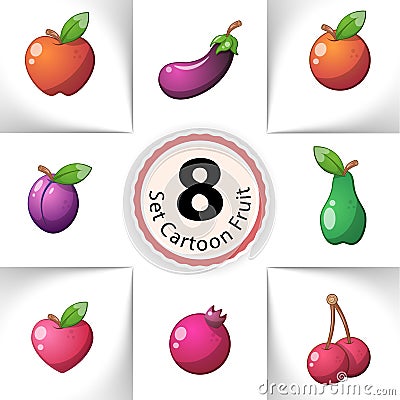 Icons fresh fruit. Pineapple, pear, lemon, melon, mango, orange, kiwi, lime, apricots, cherries, apple, pear, heart Vector Illustration