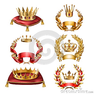 icons golden crowns and laurel wreaths Stock Photo