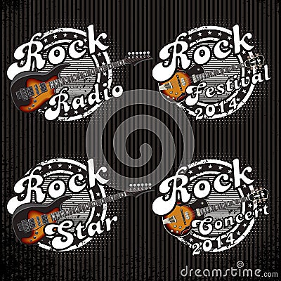 Icons with guitars and various inscriptions Vector Illustration