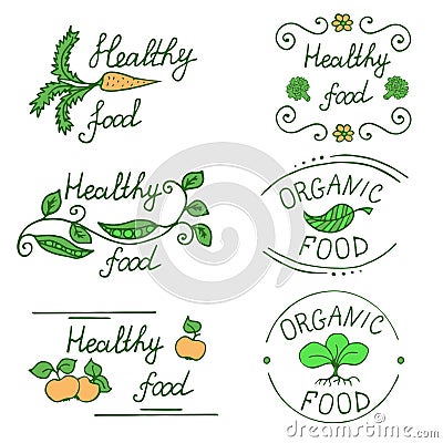 Icons for healthy food and organic products drawn by hand. Set of labels for the food market Vector Illustration