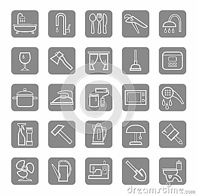 Icons, household goods, appliances, plumbing, white outline, grey background. Vector Illustration