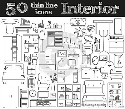 50 icons for Interior. Thin line set. Vector Illustration