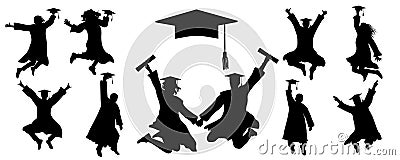 Icons of jumping silhouettes of graduates student, icon of square academic cap. Vector illustration Vector Illustration