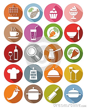 Icons, kitchen, restaurant, food, drinks, utensils, colored, flat. Vector Illustration