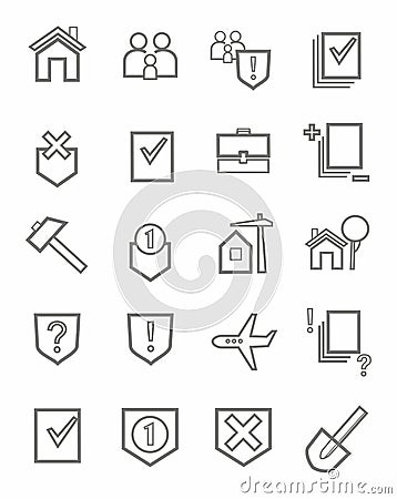 Icons, legal services, civil law, outline, single color, white background. Vector Illustration