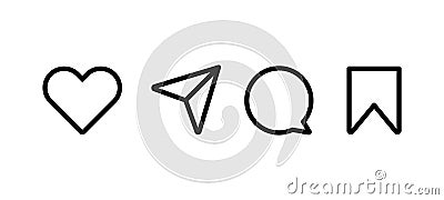 Icons like comment, share, save, like media button. Outline icon heart arrow direct message interface message minimalist Vector Illustration