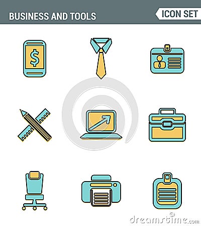 Icons line set premium quality of basic business essential tools, office equipment. Modern pictogram collection flat design Stock Photo