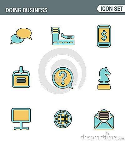 Icons line set premium quality of doing business using technology and communication. Modern pictogram collection flat design style Stock Photo