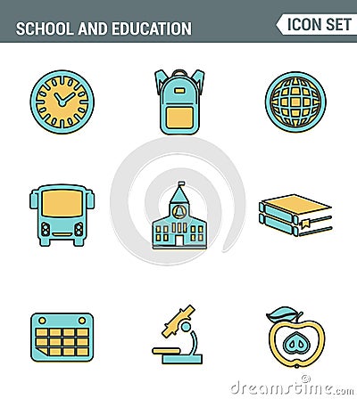 Icons Line set of premium quality elementary school objects and education items, learning symbol student equipment. Stock Photo