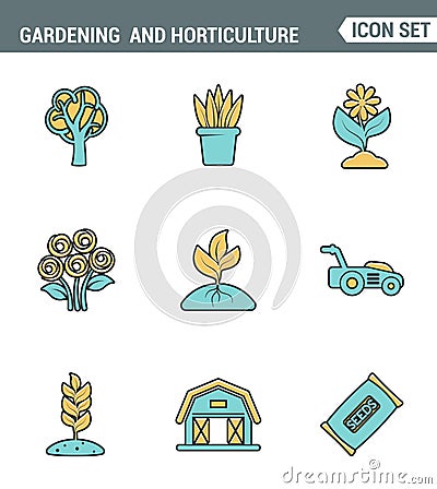 Icons line set premium quality of gardening and horticulture seeds flower floral flora. Modern pictogram collection flat design Stock Photo