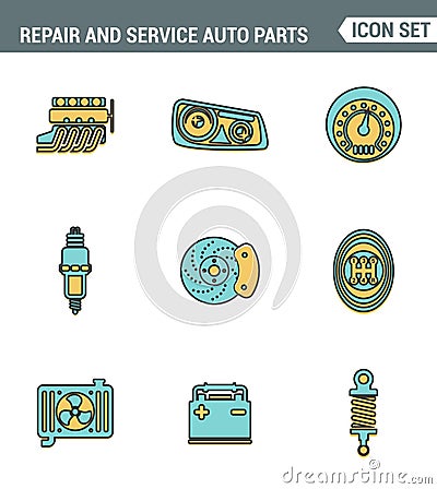 Icons line set premium quality of repair and service auto parts automotive tools garage. Modern pictogram collection flat design Stock Photo