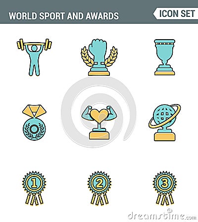 Icons line set premium quality of Sport and awards trophy victory championship. Modern pictogram collection flat design style Stock Photo