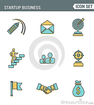 Icons line set premium quality of startup business and launch new product on market. Modern pictogram collection flat design style Stock Photo