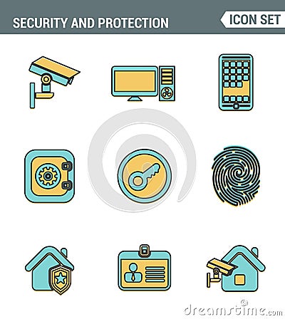 Icons Line set of premium quality various security objects, information and data protection system, safety access elements. Stock Photo