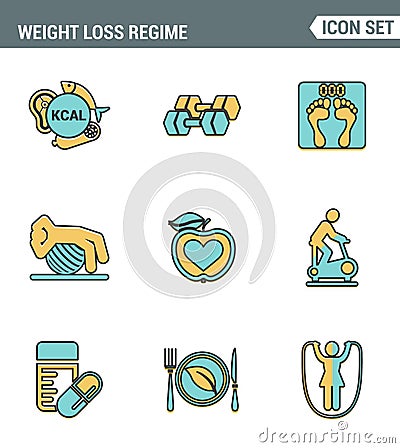 Icons line set premium quality of weight loss regime fitness gymnastics gum icon . Modern pictogram collection flat design style Stock Photo