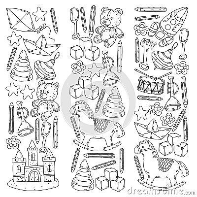 Icons for little boys and girls. Hand drawn children drawings pattern. Kindergarten toys background. Vector illustration Vector Illustration