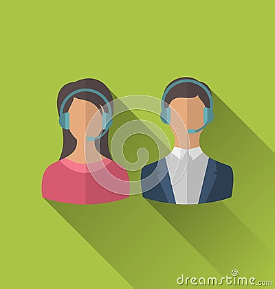 Icons of male and female avatars for operators call center or support service, modern flat style with long shadows Vector Illustration