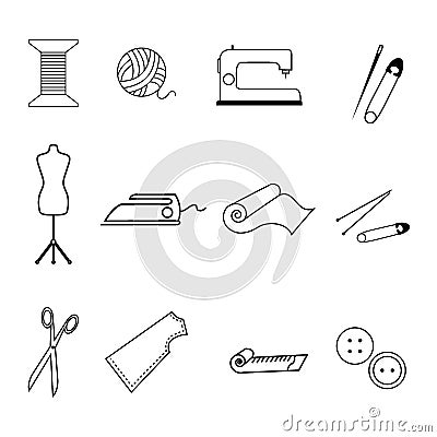 914 icons, icons with materials and tools for needlework Vector Illustration