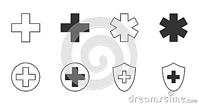 Icons medical cross, emergence, protection. Editable stroke. Hospital pharmacy ambulance pictogram symbols Vector Illustration