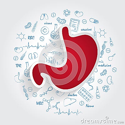 Icons For Medical Specialties. Gastrology And Stomach Concept. Vector Illustration With Hand Drawn Medicine Doodle. Vector Illustration